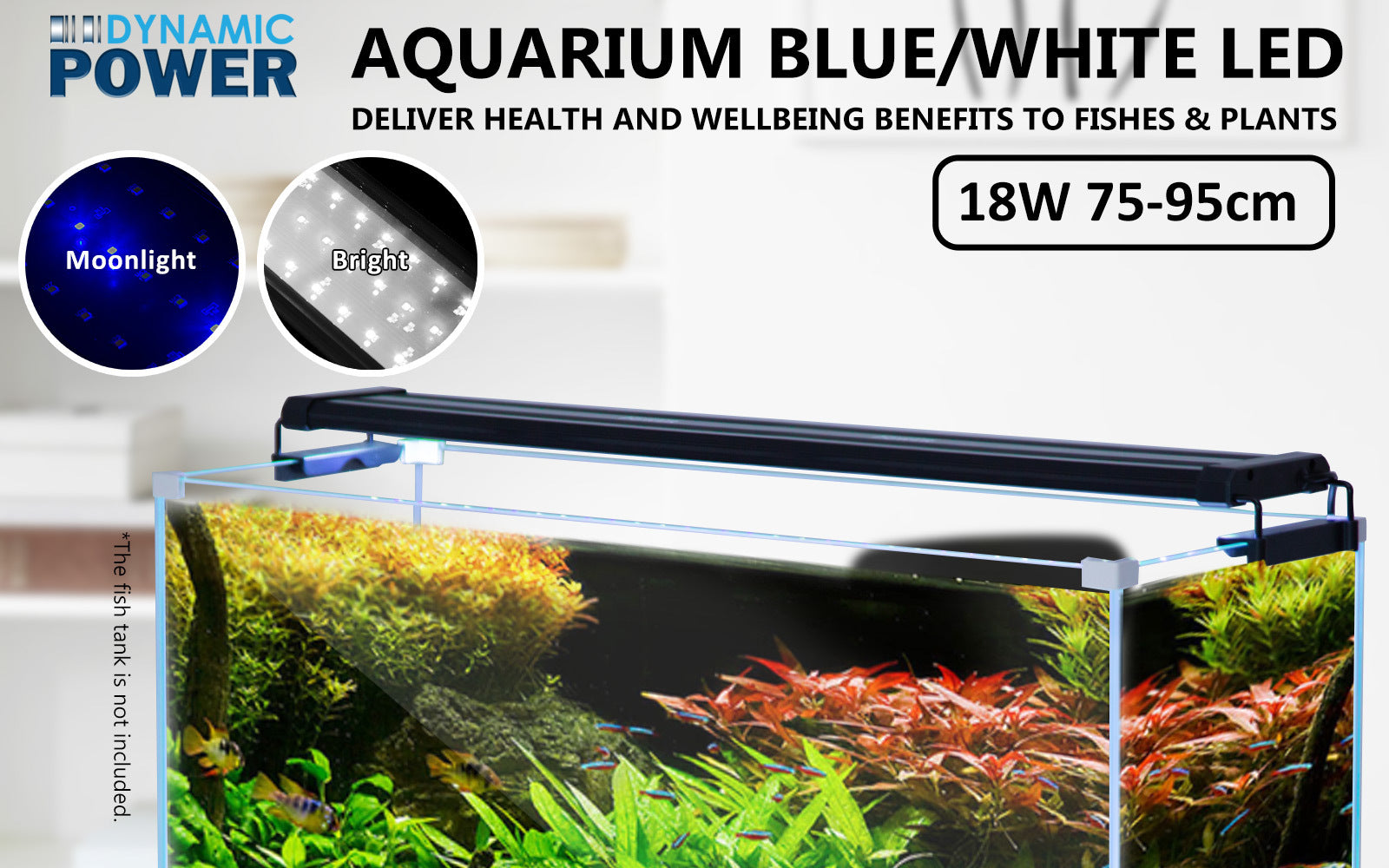 Dynamic Power 18W Aquarium Blue White LED Light designed for 75-95cm tanks, showcasing its sleek design and dual lighting options.